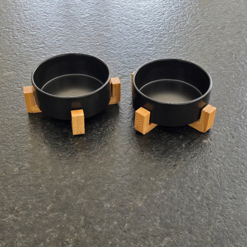 Ceramic Dog Bowls with Wooden Stand - Set of (2)